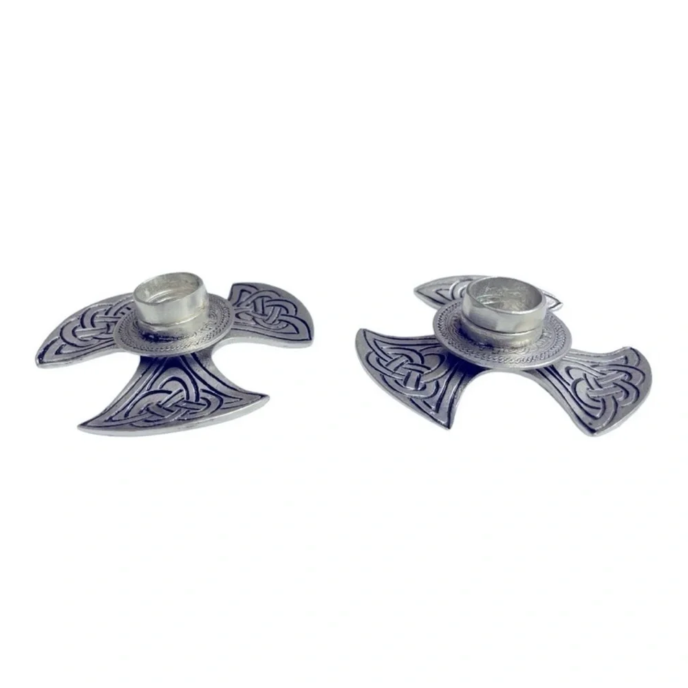 Vintage Piper Pewter Celtic Axe Head Candle Holders Knox Trinity Knot Set of 2